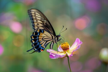 Fototapeta premium A vibrant butterfly with detailed wing patterns carefully sips nectar from a brightly colored pink flower in a colorful outdoor setting.