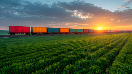 Obraz premium Economic Pulse: Freight Train Rolling Through the Sunset