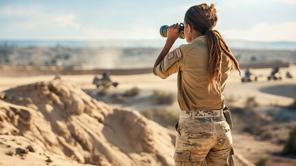 Female Military Personnel Observing Desert Terrain Through Binoculars