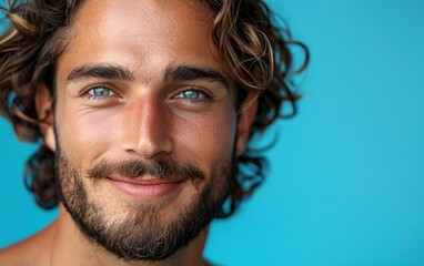 Obraz premium A young man with a beard and wavy brown hair smiles at the camera. He has bright blue eyes and his skin is tanned