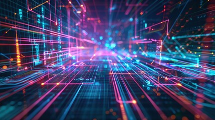 A cybernetic interface background with complex digital data arrays and vibrant neon lines intersecting against a dark, high-tech backdrop.