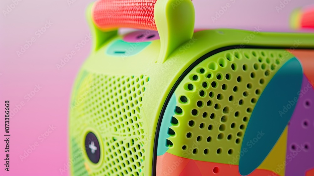 Poster in this detailed shot we see a portable bluetooth speaker in bright neon green. the speaker has a un