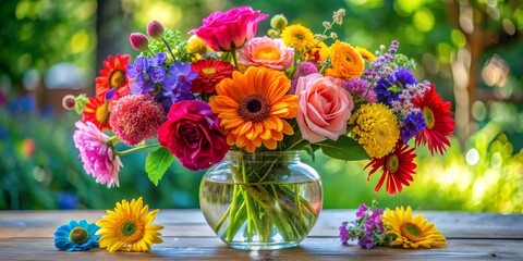 Fototapeta premium Vibrant Summer Bouquet in Glass Vase on Wooden Table, Colorful Floral Arrangement in Glass Vase on Wooden Table