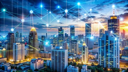 Naklejka premium Connected Cityscape at Dusk with Network Lines