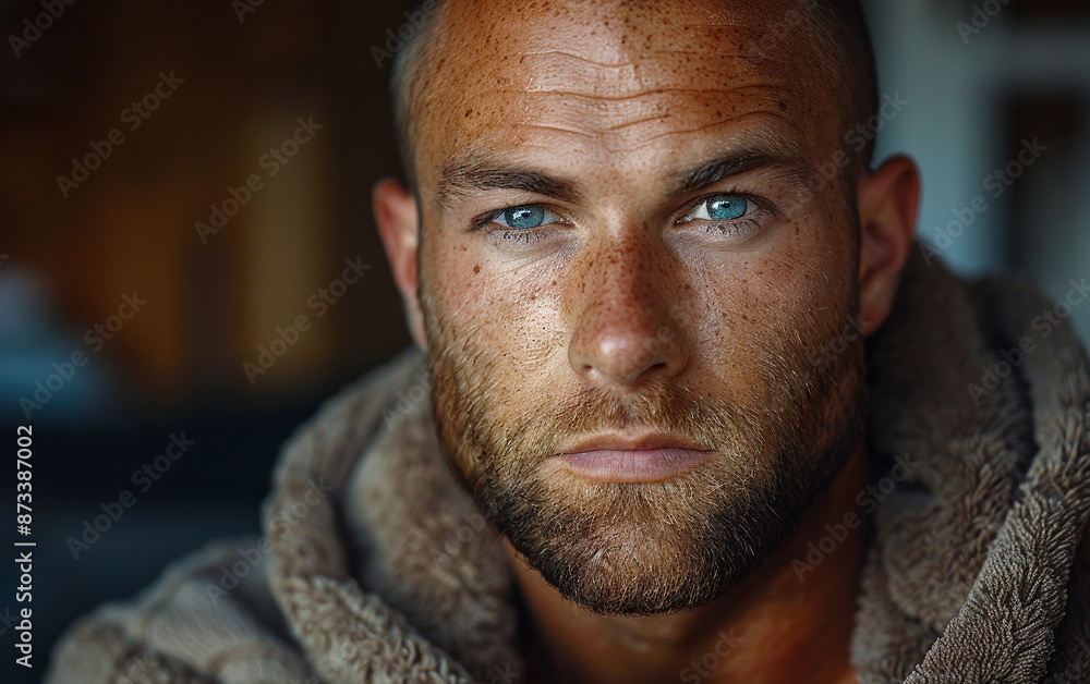 Poster A close-up portrait of a man with short brown hair, a stubble beard, and bright blue eyes. He is wearing a soft, brown, fuzzy hooded jacket