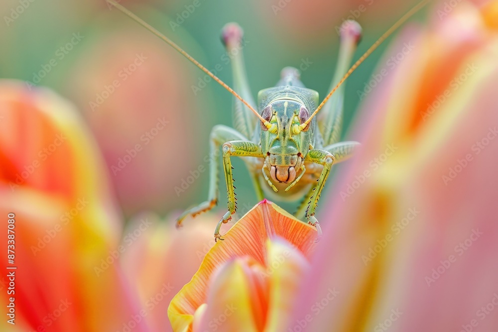 Poster a green grasshopper is perched on the vibrant orange petals of a flower, capturing a vivid and livel