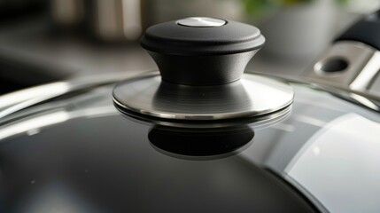Closeup of the lid handle on an electric skillet showing its heatresistant design and comfortable grip for safely checking on the dish while cooking.