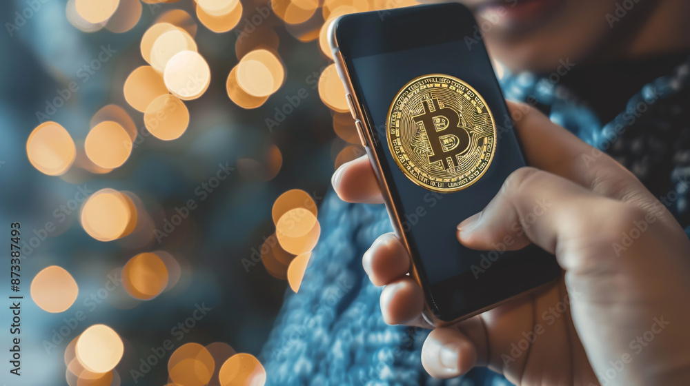 Poster close-up of hands using a mobile phone to scan a bitcoin qr code for digital, contactless payment af