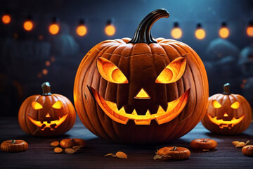 Fototapeta premium A cheerful pumpkin with a wide grin surrounded by glowing jack-o'-lanterns.