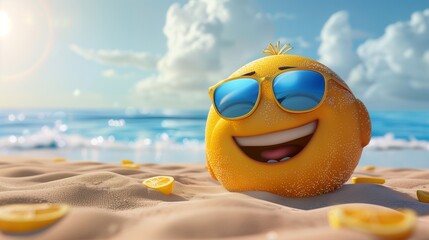 Obraz premium Smiling emoji with sunglasses enjoying a sunny day on the beach, surrounded by lemon slices in a horizontal layout