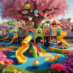 playground that has a variety of play games and a very beautiful colorful scene with all kinds of electronic play machines for children.