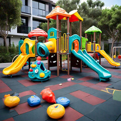 playground that has a variety of play games and a very beautiful colorful scene with all kinds of electronic play machines for children.