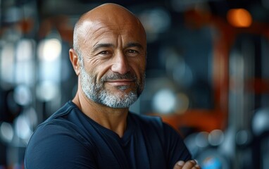 A middle-aged man with a bald head and gray beard smiles while wearing a black t-shirt, his arms crossed, standing in a gym setting