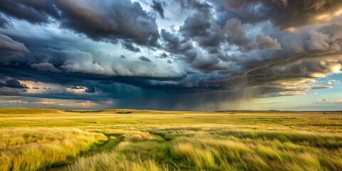Dramatic Storm Clouds over Grassy Field at Sunset