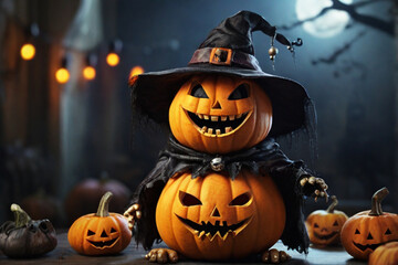 A laughing pumpkin is having a costume party with other Halloween creatures like witches, vampires, and zombies. Halloween concept