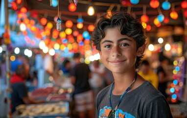 Obraz premium A young boy stands in a crowded market at night, smiling brightly as colorful lights hang above him