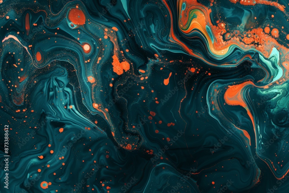 Poster Artistic creation depicting swirling teal and orange abstract patterns, evoking a sense of movement and emotion, engaging the viewer in a visual journey of color and form.