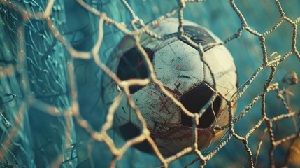 soccer ball in goal net. Soccer ball, Close up of a soccer ball in the football stadium. Goal Winning celebration	