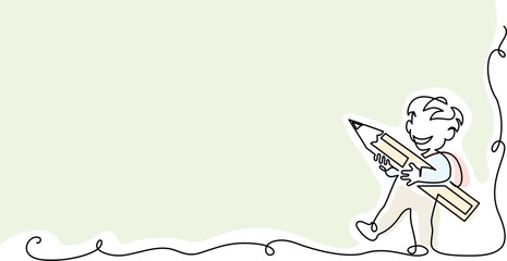 Happy boy pupil keep big pencil, get ready for study. Back to school