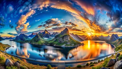 Fisheye View of Dramatic Sunset Over Mountain Peaks and Fjord in Norway