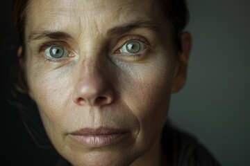 Obraz premium A close-up shot of a woman with piercing green eyes and a calm demeanor, showcasing every detail and texture of her face under natural light, in a focused and artistic style.