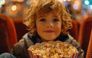 Naklejka premium A young boy with curly blonde hair smiles while holding a large bucket of popcorn in a movie theater