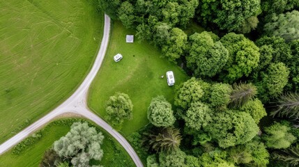 A drone captures an aerial perspective of a forest clearing, showcasing two white camper vans parked in the grass, surrounded by trees and a winding road
