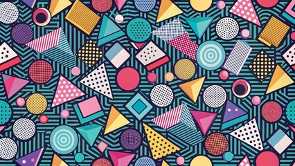 Naklejka premium Geometric Retro Seamless Pattern - Colorful Abstract Shapes on Teal Background