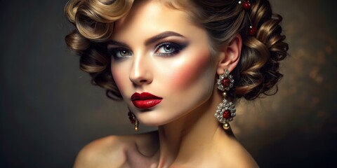 Obraz premium Glamorous Woman with Red Lipstick and Earrings
