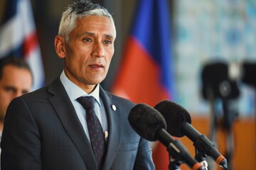 A man in a suit delivers a speech at a podium with flags in the background, symbolizing a formal announcement or address in a press conference or government setting.