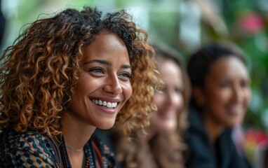 Obraz premium A group of diverse women smile and laugh during a business meeting in an office setting