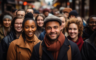 Obraz premium A group of smiling people stand together on a city street, looking directly at the camera