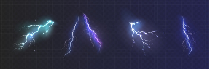 Set of the isolated realistic lightnings with transparency for design. Thunder-storm and lightnings. Magic and bright lighting effects. Natural effects