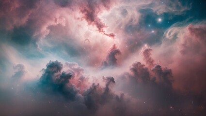 A nebula in space with swirling pink and blue clouds and visible stars