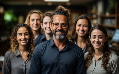Fototapeta premium A group of five diverse colleagues stand together in a modern office setting, smiling and looking happy
