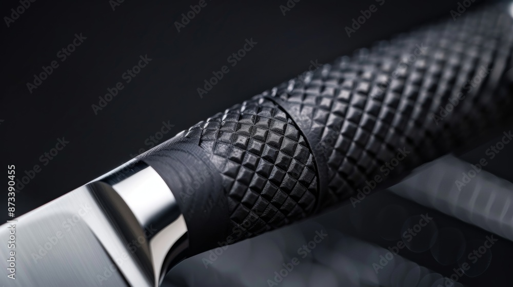Poster a macro image highlighting the textured grip on the handle of the electric knife providing a sy and 