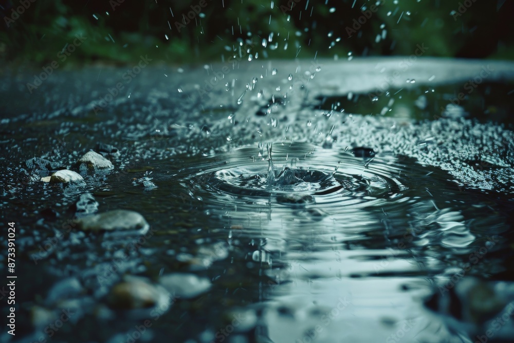 Aufkleber An atmospheric image capturing raindrops splashing into a puddle on a rocky surface, creating ripples and showcasing the beauty of the interaction between water and earth.