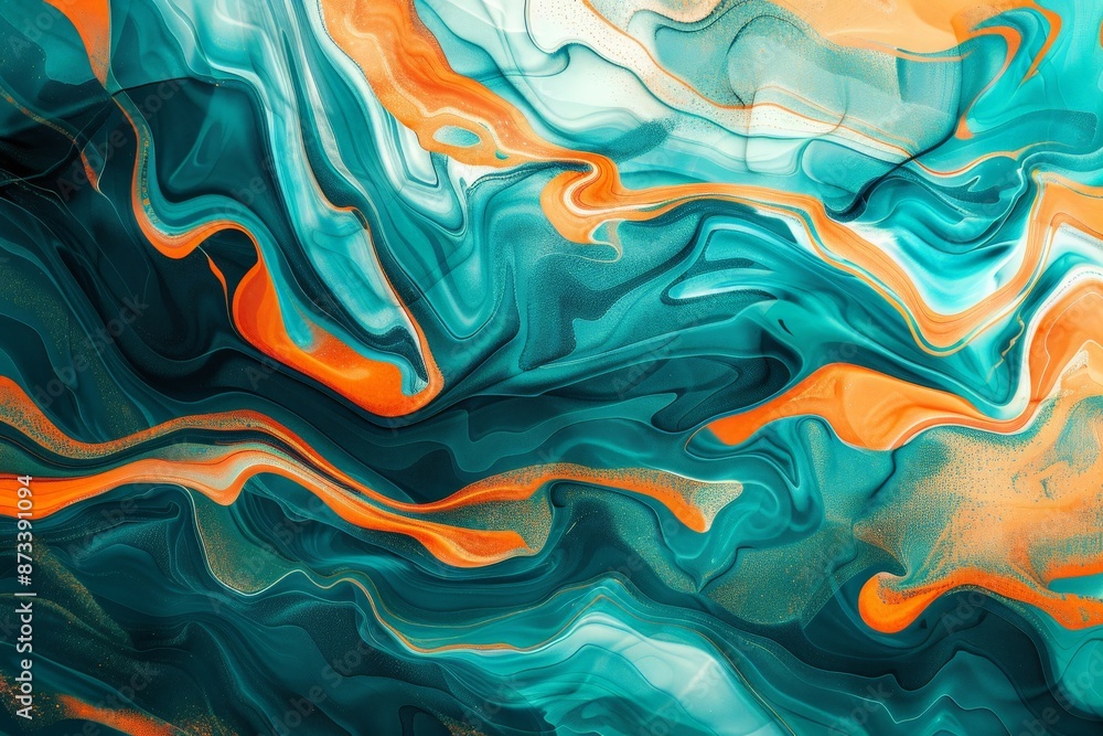 Aufkleber an abstract piece featuring fluid and vibrant swirls of teal, orange, and white hues, creating a mes