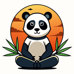 Panda in lotus position on bamboo leaf background with setting sun vector illustration 