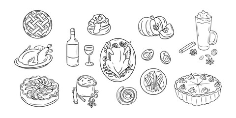 Thanksgiving dinner doodle set. Monochrome vector contour stickers with food and drinks isolated oh white background. Sketchy drawing of meals, pies and autumn fruits. Could be used for coloring pages