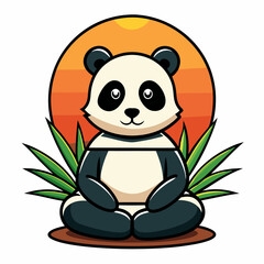 Panda in lotus position on bamboo leaf background with setting sun vector illustration 