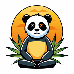 Panda in lotus position on bamboo leaf background with setting sun vector illustration 