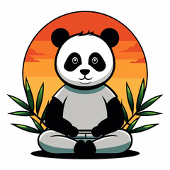 Panda in lotus position on bamboo leaf background with setting sun vector illustration 