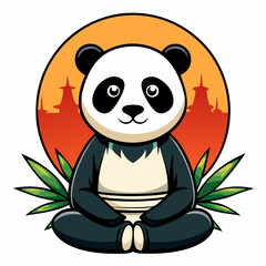 Panda in lotus position on bamboo leaf background with setting sun vector illustration 