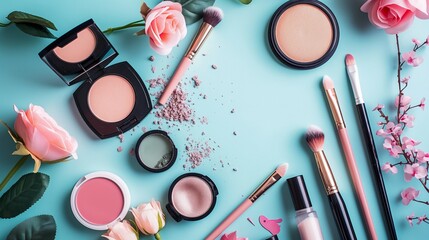Cosmetics are laid out on a blue background in a geometric style. Flat layout