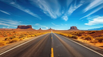 A desert road stretching into the horizon under a vast blue sky, surrounded by dramatic rock formations and sparse desert vegetation.