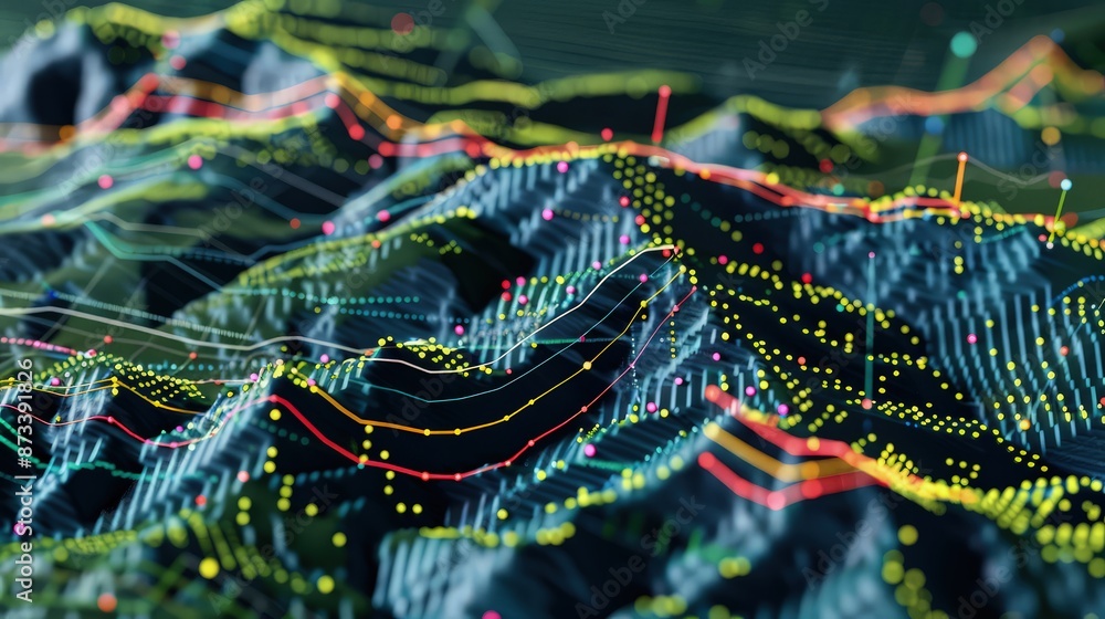 Poster a detailed 3d model with colorful data points and trend lines illustrating a sophisticated financial