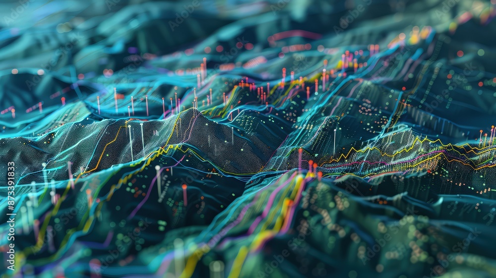 Poster a detailed 3d model with colorful data points and trend lines illustrating a sophisticated financial