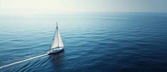 A sailboat with white sails navigates the calm, expansive blue sea under a clear sky, creating a serene and peaceful atmosphere - Powered by Adobe