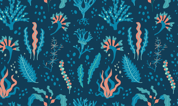 Algae seamless pattern. Seaweed background. Illustration of kelp, spirulina, chlorella, bladderwrack, hijiki, sea lettuce, sea grapes, kombu, fukus, wakame, dulse. Edible seaweed wallpaper. 